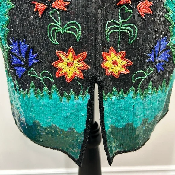 Vintage 80’s silk sequins fully beaded floral design knee length formal dress - Picture 9 of 16